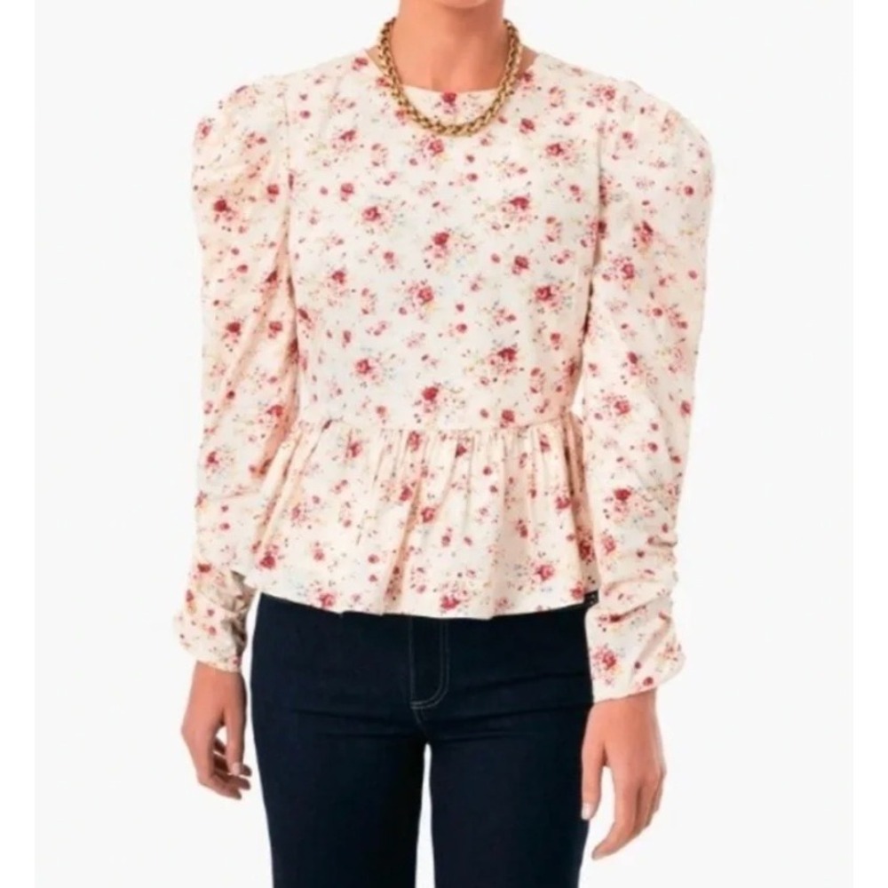 Tuckernuck Hyacinth House Ava Peplum Floral Blouse Top Puff Sleeve Ruched NWT XS